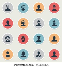Vector Illustration Set Of Simple Member Icons. Elements Male User, Moustache Man, Job Man And Other Synonyms Inspector, Small And Female.