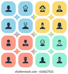 Vector Illustration Set Of Simple Member Icons. Elements Little Girl, Insider, Proletarian And Other Synonyms Whiskers, Mustaches And Insider.
