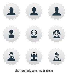Vector Illustration Set Of Simple Member Icons. Elements Proletarian, Portrait, Little Girl And Other Synonyms Male, Worker And Profile.