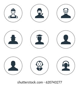 Vector Illustration Set Of Simple Member Icons. Elements Young Shaver, Agent, Male User And Other Synonyms Whiskers, Profile And Detective.