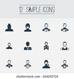 Vector Illustration Set Of Simple Member Icons. Elements Narrator, Low Energy Character, Mysterious Man And Other Synonyms Agent, Time-Manager And Business.