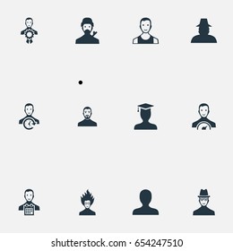 Vector Illustration Set Of Simple Member Icons. Elements Busy Employee, Portrait, Sprinter And Other Synonyms Student, Scientist And Crown.