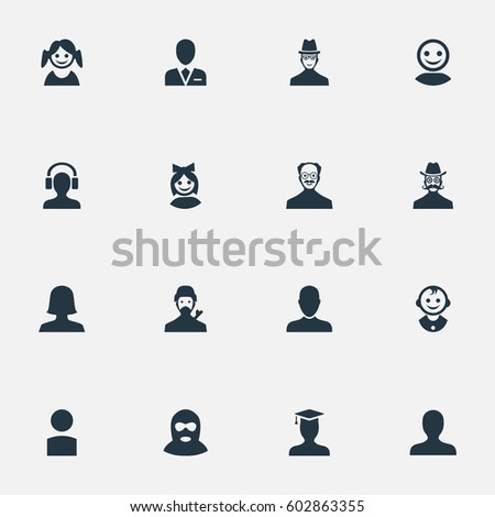 Vector Illustration Set Of Simple Member Icons. Elements Felon, Workman, Moustache Man And Other Synonyms Headphone, Mysterious And User.