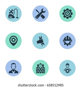 Vector Illustration Set Of Simple Mending Icons. Elements Builder Team, Pin, Gear And Other Synonyms Pin, Mechanic And Vacuum.