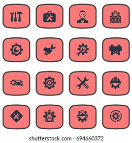 Vector Illustration Set Of Simple Mending Icons. Elements Tool Case, Workman, Gear And Other Synonyms Renovation, Builder And Hammer.