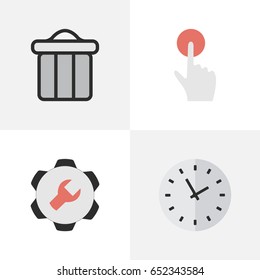 Vector Illustration Set Of Simple Menu Icons. Elements Trashcan, Time, Settings And Other Synonyms Trash, Bin And Red.
