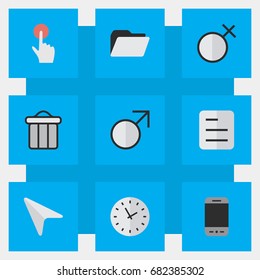 Vector Illustration Set Of Simple Menu Icons. Elements Female, Mars Sign, Pointer And Other Synonyms Junk, Trash And Man.