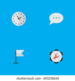 Vector Illustration Set Of Simple Menu Icons. Elements Settings, Time, Message Bubble And Other Synonyms Clock, Flag And Options.
