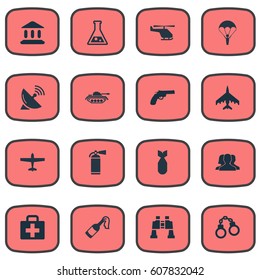 Vector Illustration Set Of Simple Military Icons. Elements Chemistry, Medical Kit, Air Bomber And Other Synonyms Plane, Antenna And Combat.