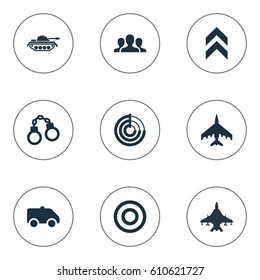 Vector Illustration Set Of Simple Military Icons. Elements Sky Force, Heavy Weapon, Radio Locator And Other Synonyms Team, Insignia And Fighter.