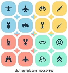 Vector Illustration Set Of Simple Military Icons. Elements Emergency, Nuke, Military Order And Other Synonyms Military, Aim And Medal.