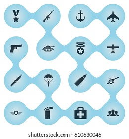 Vector Illustration Set Of Simple Military Icons. Elements Pursuit Plane, Group, Medical Kit And Other Synonyms Shield, Gun And Medal.