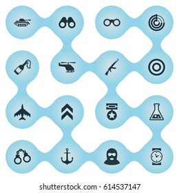 Vector Illustration Set Of Simple Military Icons. Elements Helicopter, Chemistry, Target And Other Synonyms Terrorist, Bomb And Clock.