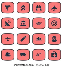 Vector Illustration Set Of Simple Military Icons. Elements Ammunition, Howitzer, Heavy Weapon And Other Synonyms Firearm, Bomber And Aid.