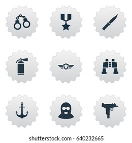 Vector Illustration Set Of Simple Military Icons. Elements Hero Reward, Extinguisher, Terrorist And Other Synonyms Emblem, Firearm And Spyglass.