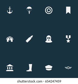 Vector Illustration Set Of Simple Military Icons. Elements Bookmark, Target, Courthouse And Other Synonyms Medal, Wing And Courthouse.