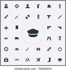 Vector Illustration Set Of Simple Military Icons. Elements Warehouse, Air Traffic Controller, Terrorist And Other Synonyms Team, Emergency And Helicopter.