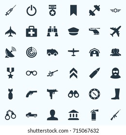 Vector Illustration Set Of Simple Military Icons. Elements Shield, Hero Reward, Telescope And Other Synonyms Telescope, Emblem And Detector.