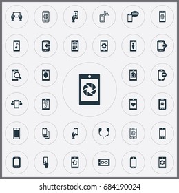 Vector Illustration Set Of Simple Mobile Icons. Elements Investigate On Phone, Using A Telephone, Internet On Phone And Other Synonyms Wifi, Settings And Internet.