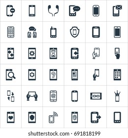 Vector Illustration Set Of Simple Mobile Icons. Elements Synchronization, Hearing, Missing Ring And Other Synonyms Communication, Technology And Incoming.