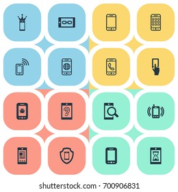 Vector Illustration Set Of Simple Mobile Icons. Elements Using A Telephone, Internet On Phone, Investigate On Phone And Other Synonyms Waiting, Incoming And Link.