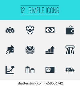 Vector Illustration Set Of Simple Money Icons. Elements Coins Stack, Dollar, Wallet And Other Synonyms Bank, Armored And Bill.