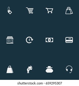 Vector Illustration Set Of Simple Money Icons. Elements Cart, Electronics, Label And Other Synonyms Market, Store And Bill.