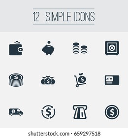 Vector Illustration Set Of Simple Money Icons. Elements Coins Stack, Interest, Economy And Other Synonyms Safe, Truck And Cashpoint.