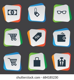 Vector Illustration Set Of Simple Money Icons. Elements Label, Shop Trolley, Cart And Other Synonyms Bill, Action And Currency.