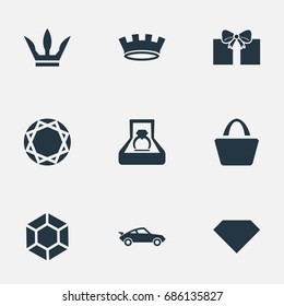 Vector Illustration Set Of Simple Money Icons. Elements Marriage, Gift, Satchel And Other Synonyms Present, Royalty And Diamond.