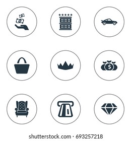 Vector Illustration Set Of Simple Money Icons. Elements Building, Vintage Automobile, Currency And Other Synonyms Earning, Bag And Building.
