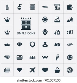 Vector Illustration Set Of Simple Money Icons. Elements Dollar, Plastic Card, Museum And Other Synonyms Brilliant, Retro And Wallet.