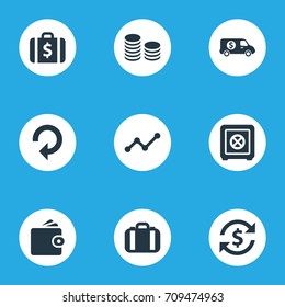 Vector Illustration Set Of Simple Money Icons. Elements Analytics, Interest, Bank Truck And Other Synonyms Recycle, Safe And Strongbox.