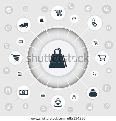 Vector Illustration Set Of Simple Money Icons. Elements Currency, Grocery, Label And Other Synonyms Purse, Bag And Basket.