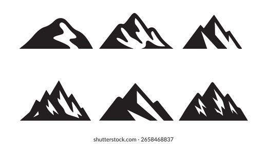 Vector illustration set of simple mountain line icon, silhouette peak of rocky mountains and mountain icon with cloud and sun.