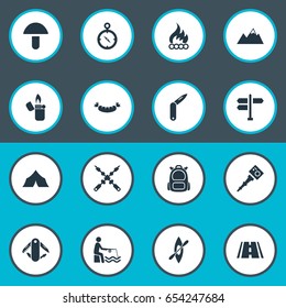 Vector Illustration Set Of Simple Mountaineering Icons. Elements Selfie Stick, Swiss Army Knife, Direction Pointer And Other Synonyms Canoe, Highway And Rafting.