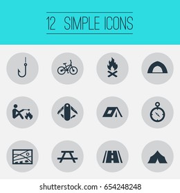 Vector Illustration Set Of Simple Mountaineering Icons. Elements Fisherman Tackle, Tent;, Adventure And Other Synonyms Map, Measurement And Hook.