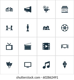 Vector Illustration Set Of Simple Movie Icons. Elements Theatre, Home Cinema, Action And Other Synonyms Clapper, Layout And Rope.