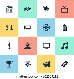Vector Illustration Set Of Simple Movie Icons. Elements Music Note, Grocery, Trophy And Other Synonyms Building, Camera And Mask.