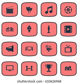 Vector Illustration Set Of Simple Movie Icons. Elements Action, Video Camera, 3D Glasses And Other Synonyms Clapper, Montage And Retro.