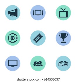 Vector Illustration Set Of Simple Movie Icons. Elements Television, Screen, Megaphone And Other Synonyms Pass, Tv And Family.