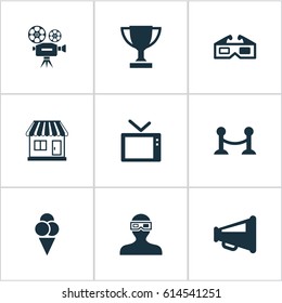 Vector Illustration Set Of Simple Movie Icons. Elements Trophy, Sorbet, Spectator And Other Synonyms Fence, Sundae And Trophy.
