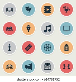 Vector Illustration Set Of Simple Movie Icons. Elements Music Note, Structure, Sorbet And Other Synonyms Reward, Fence And Filmstrip.