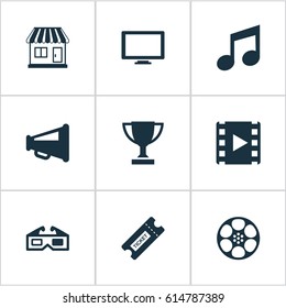 Vector Illustration Set Of Simple Movie Icons. Elements 3D Glasses, Megaphone, Filmstrip And Other Synonyms Director, Note And Monitor.
