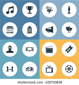Vector Illustration Set Of Simple Movie Icons. Elements Television, Theatre, Filmstrip And Other Synonyms Board, Reward And Television.