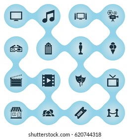 Vector Illustration Set Of Simple Movie Icons. Elements Rope Barrier, Reel, Oscar And Other Synonyms Audience, Ticket And Family.