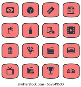 Vector Illustration Set Of Simple Movie Icons. Elements Pass, Member Access, Television And Other Synonyms Soda, Coupon And Building.