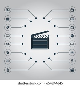 Vector Illustration Set Of Simple Movie Icons. Elements Plasma Monitor, High Resolution, Snack And Other Synonyms Camera, Production And 3D.
