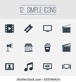 Vector Illustration Set Of Simple Movie Icons. Elements Home Cinema, Screen, Presenter And Other Synonyms Music, Bucket And Action.