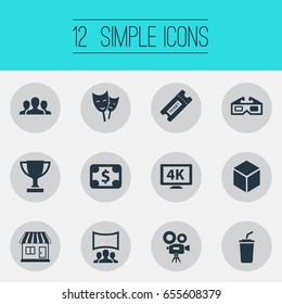 Vector Illustration Set Of Simple Movie Icons. Elements Theatre, Trophy, High Resolution And Other Synonyms Dollar, Spectators And Viewers.